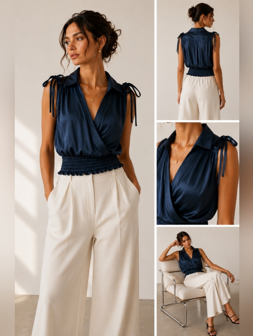NWT Lola & Sophie Deep Teal Ruched Sleeve Satin V-Neck Blouse